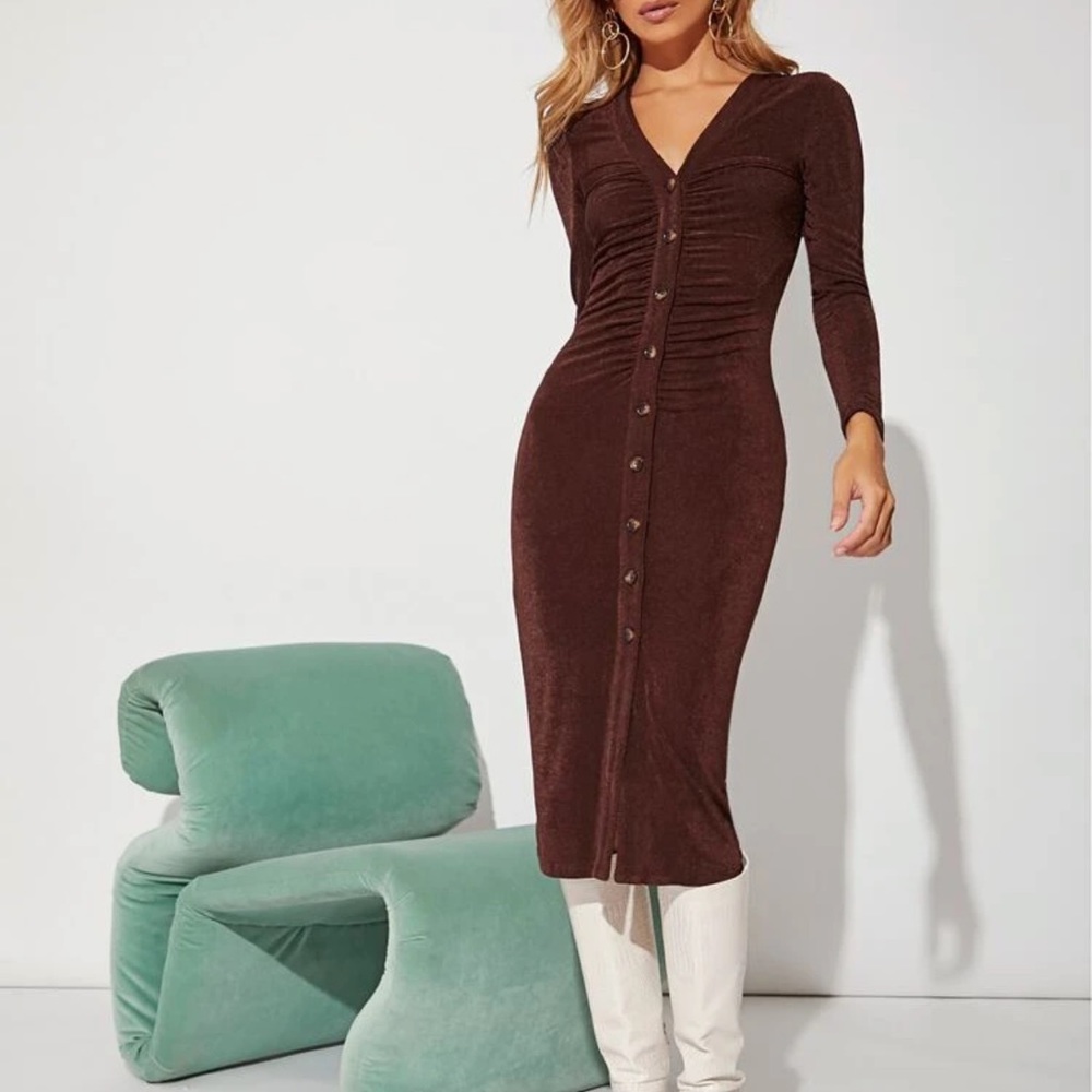 Ruched Longe sleeve button up dress